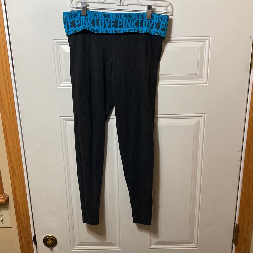 Pink Victoria’s Secret‎ Black Leggings with Blue Waistband Fold Over M